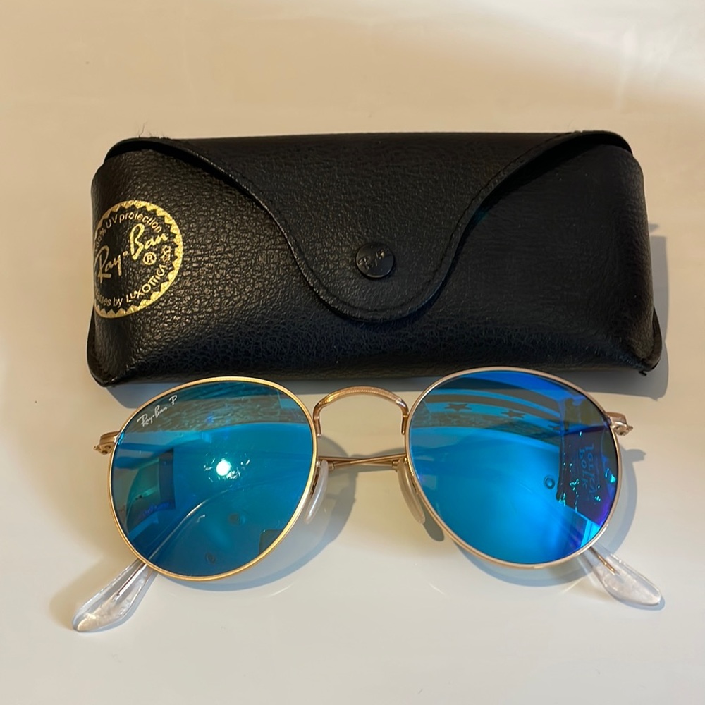 Ray-ban 3447 Round Metal Sunglasses - Gold with Blue Lenses (Polarized)